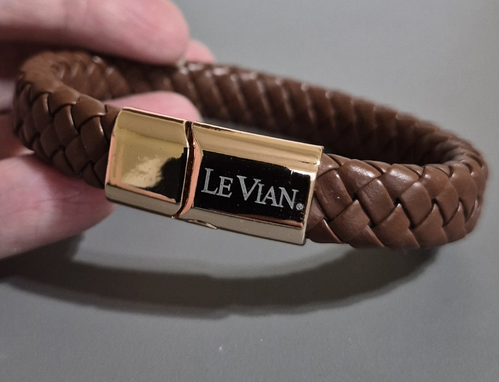 Le Vian Bracelet Rose Gold Tone Brown Leather Look Braided Magnetic 7.5″