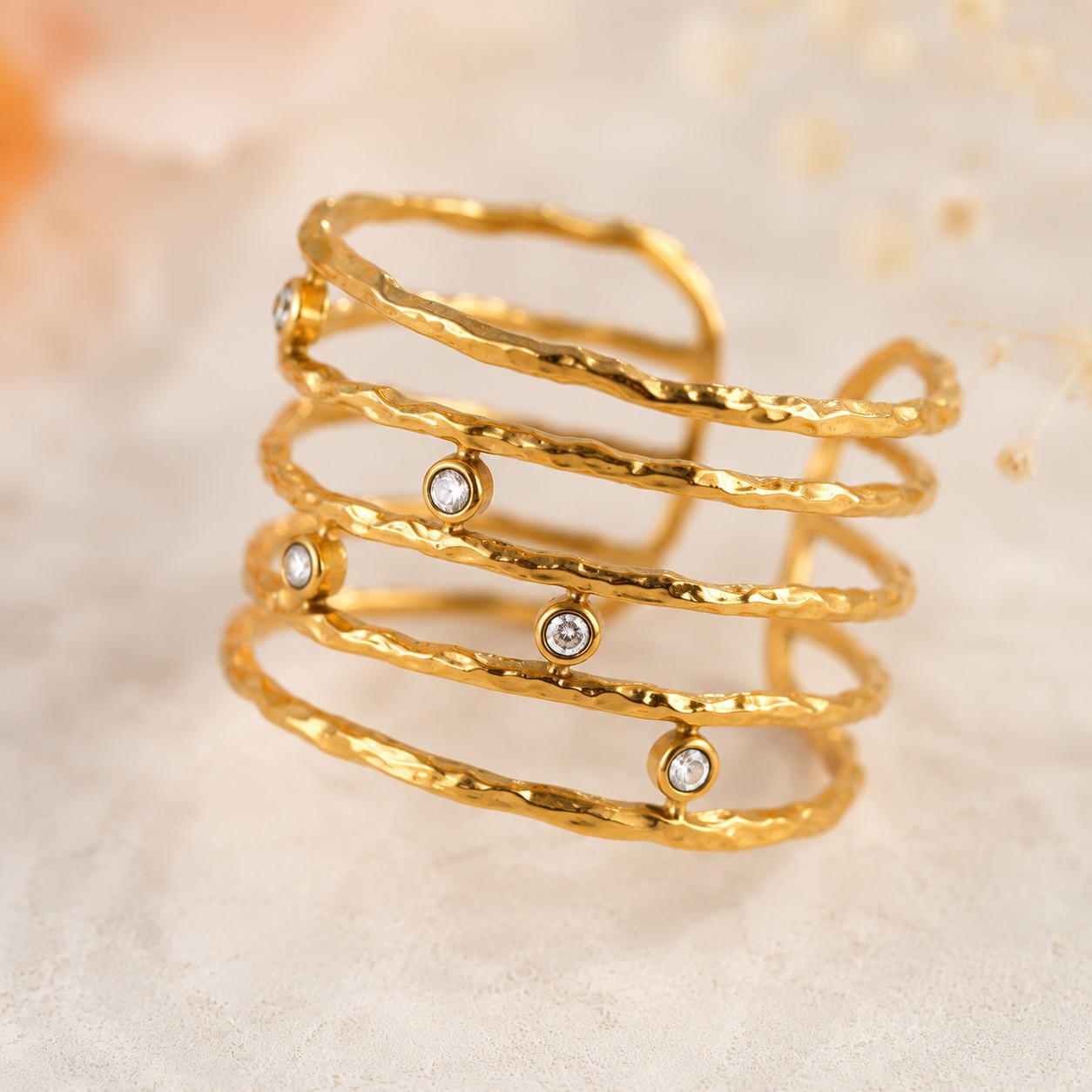 Gold Plated Stainless Steel CZ Open Cuff Ring Hammered Adjustable Jewelry