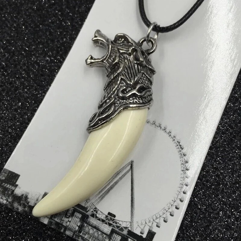 White Wolf Tooth Pendant Necklace Rope Chain Animal Amulet Jewelry
