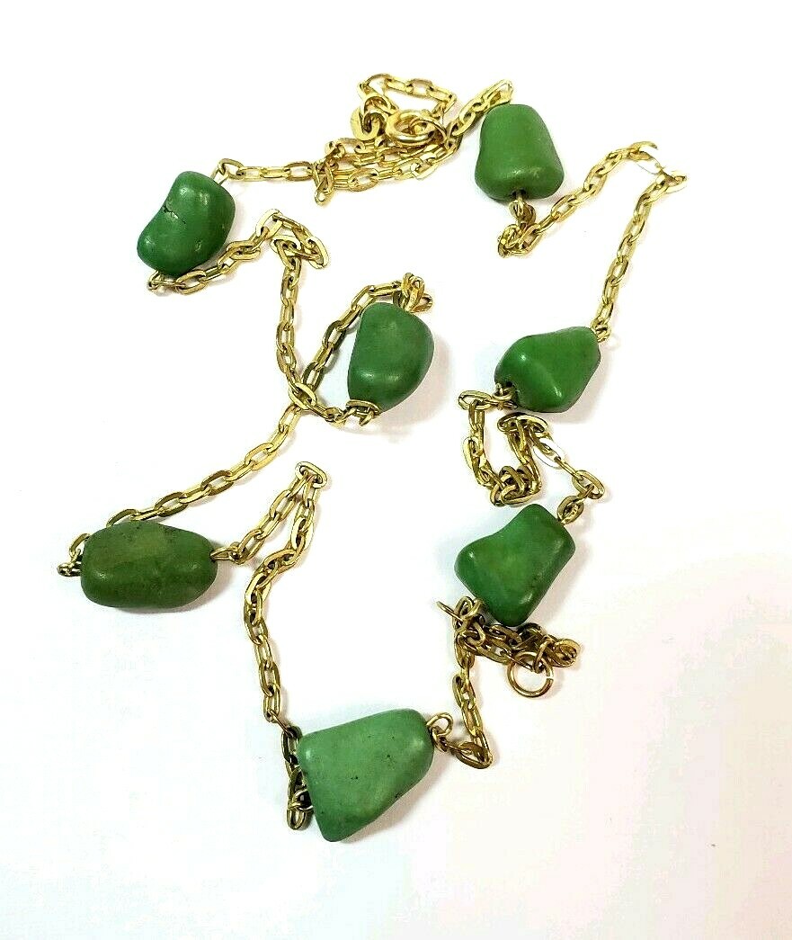 8k Yellow Gold Green Turquoise Chain Link Necklace 19 1/2 Inches