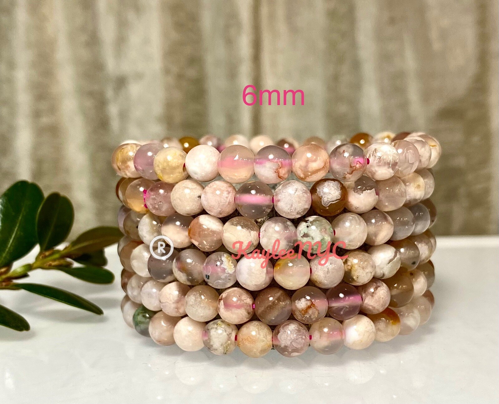 Wholesale 6 Pcs Natural Flower Agate 6mm 7.5” Stretch Bracelet Crystal