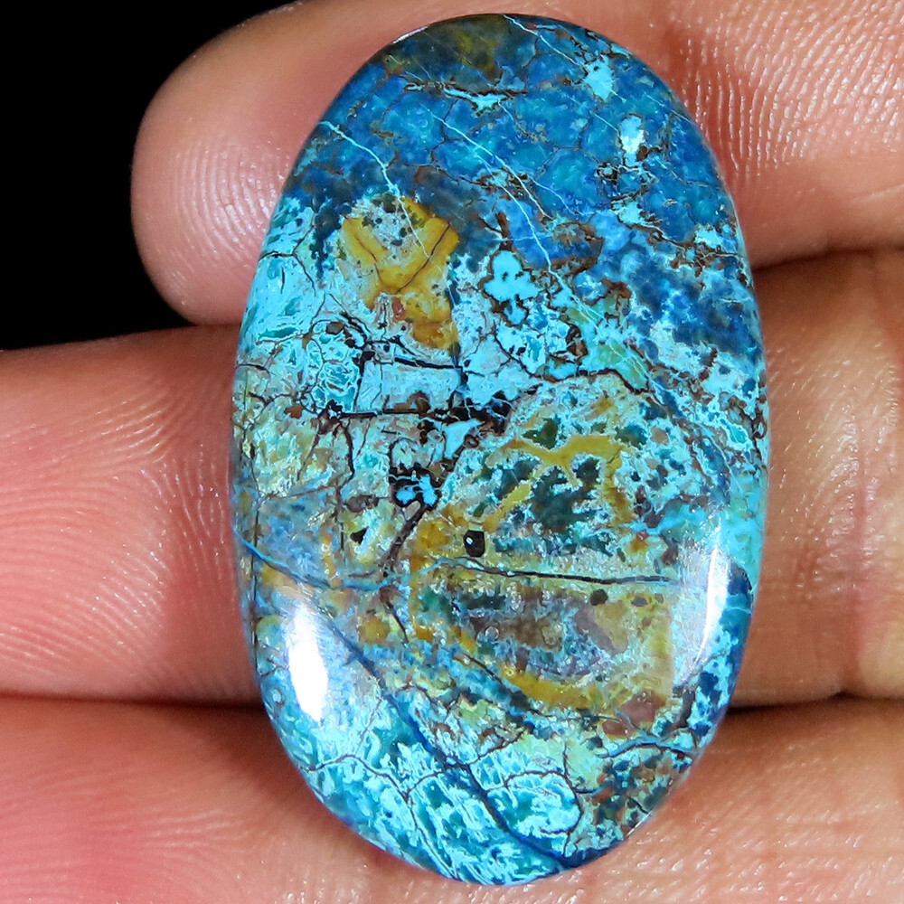 Azurite Cabochon, Blue Spiderweb Azurite Oval Shape Gemstone 46.35 CT 22x35x6 mm