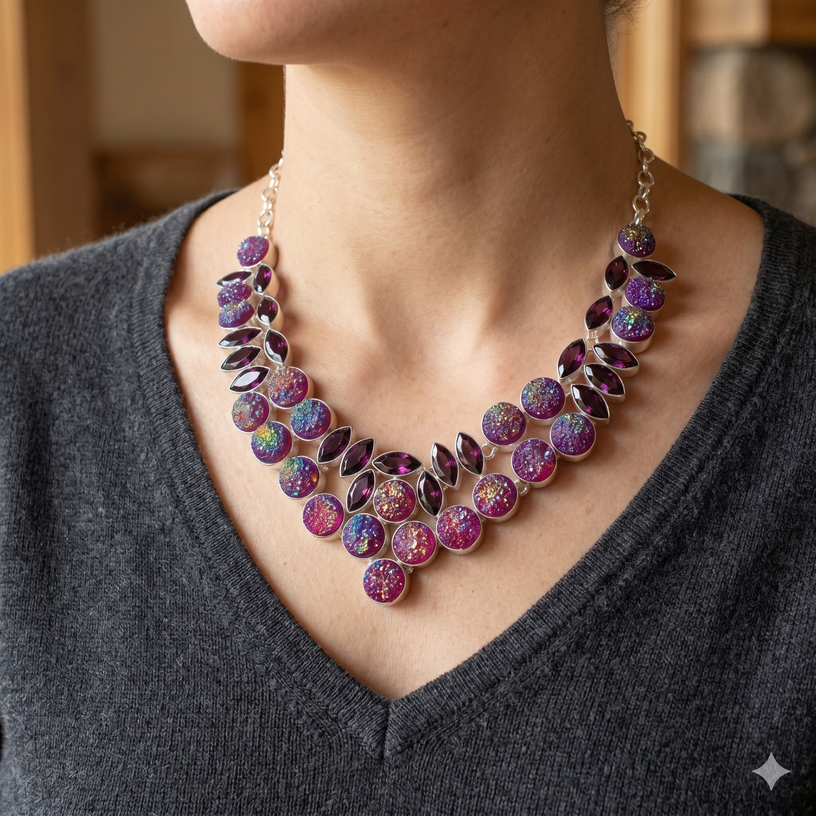 Sterling Silver Genuine TITANIUM SHELL Amethyst Boho Chain Mother Hook Necklace