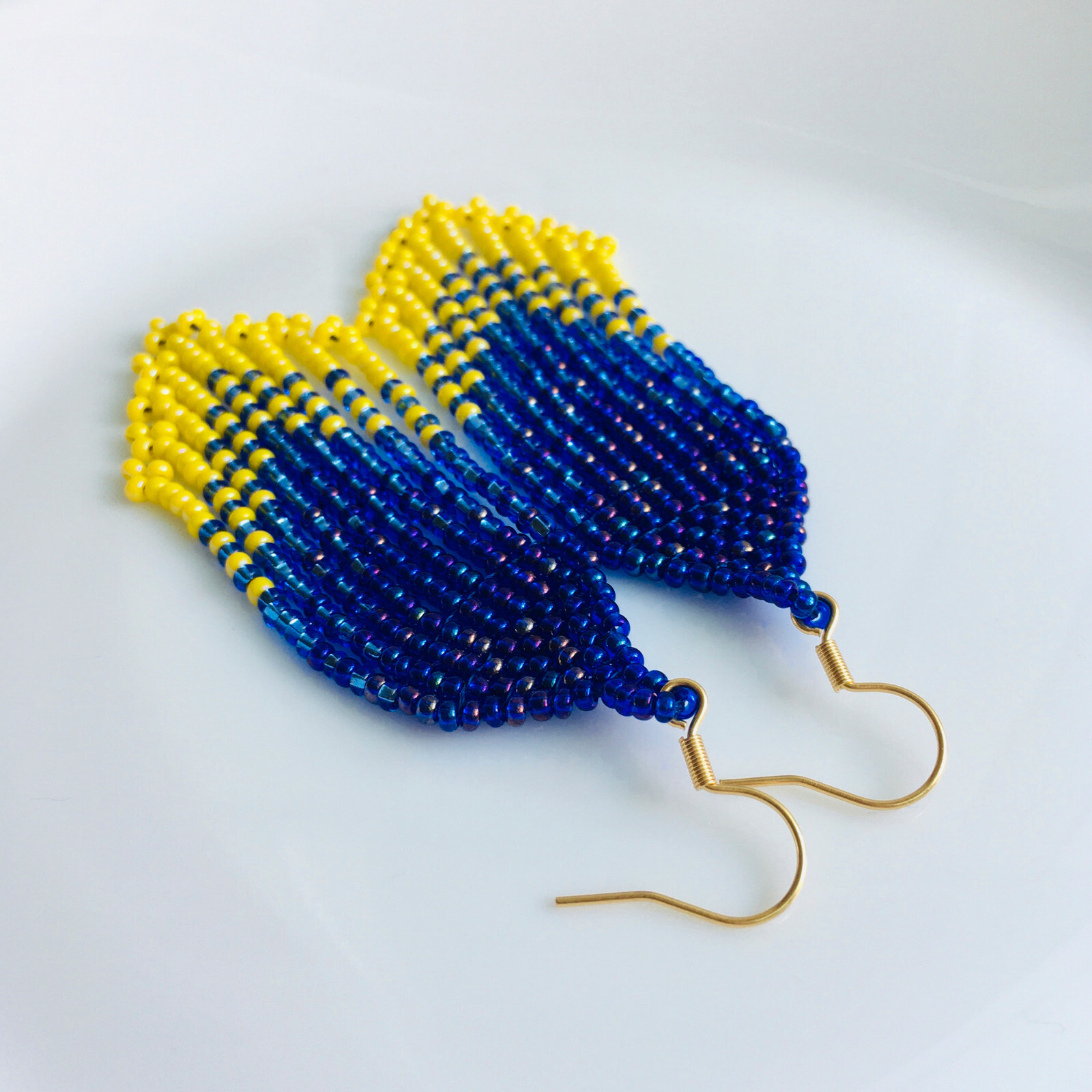 Ukraine beaded earrings, Gradient earrings, Ukrainian flag seed bead earrings
