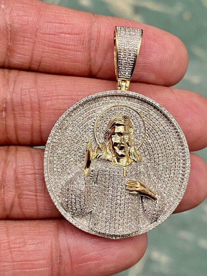 1.80Ct Round Real Moissanite Jesus Head Face Pendant 14K Yellow Gold Plated