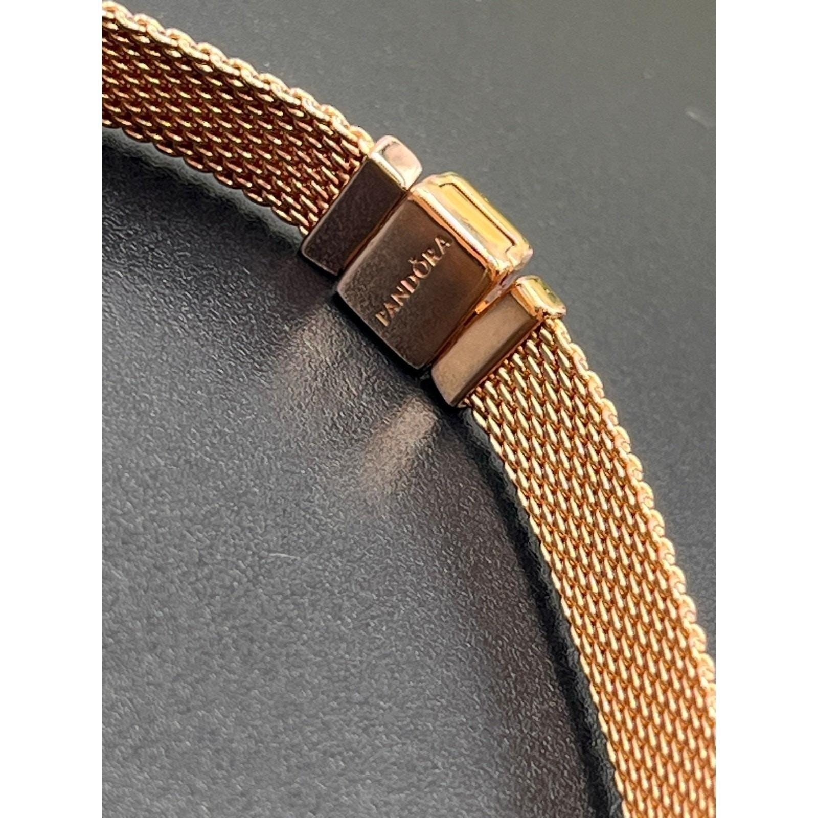 Pandora Reflexions Rose Gold Mesh Bracelet One Bling Charm 2 Pave Clip Charms