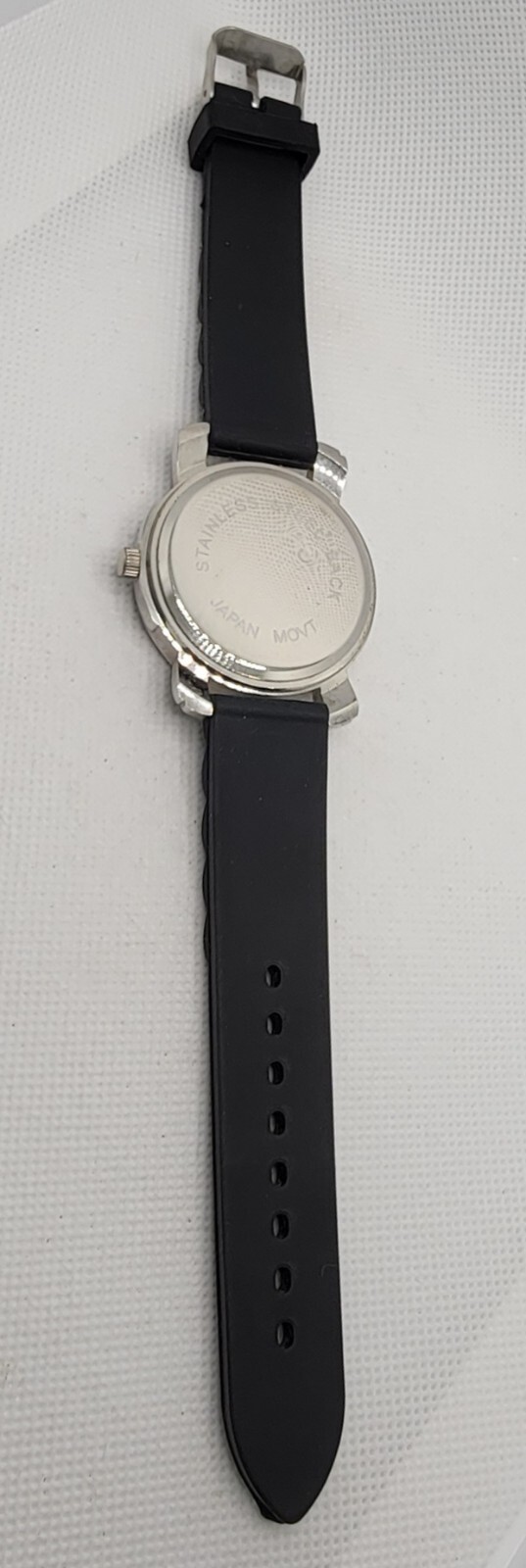 Ladies Casual Round Studded Bow Dial Silver Tone Black Poly Band Analog Watch J6