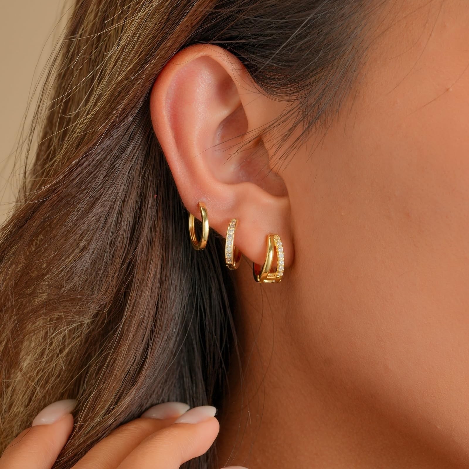 3 Pairs Small Gold Huggie Hoop Earrings Set, 14K Gold Plated Hypoallergenic Dain