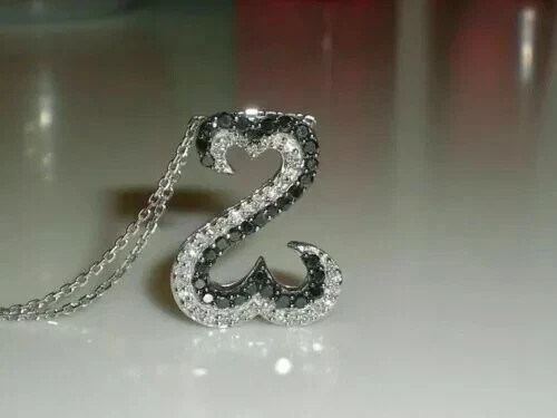 1Ct Round Black & White Diamond Open Heart Charm Pendant 14K White Gold Plated