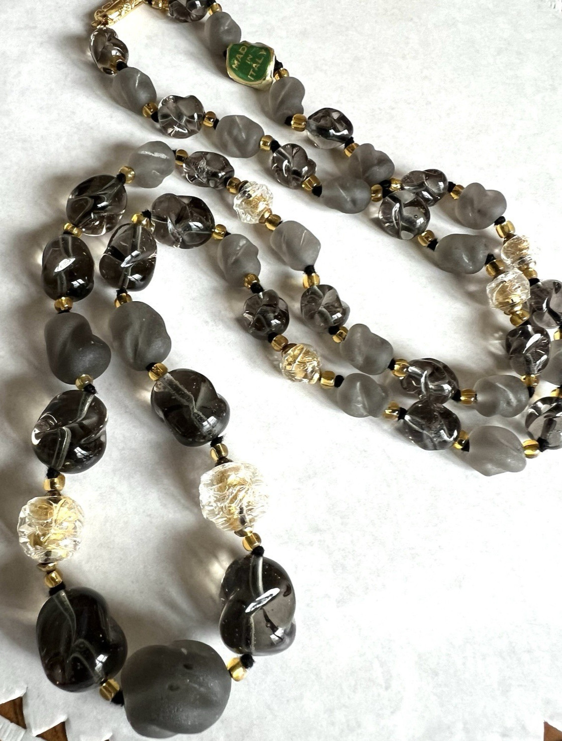 New Vintage Venetian Gray Twist Frosted & Gold Foil Glass Bead Necklace 32″