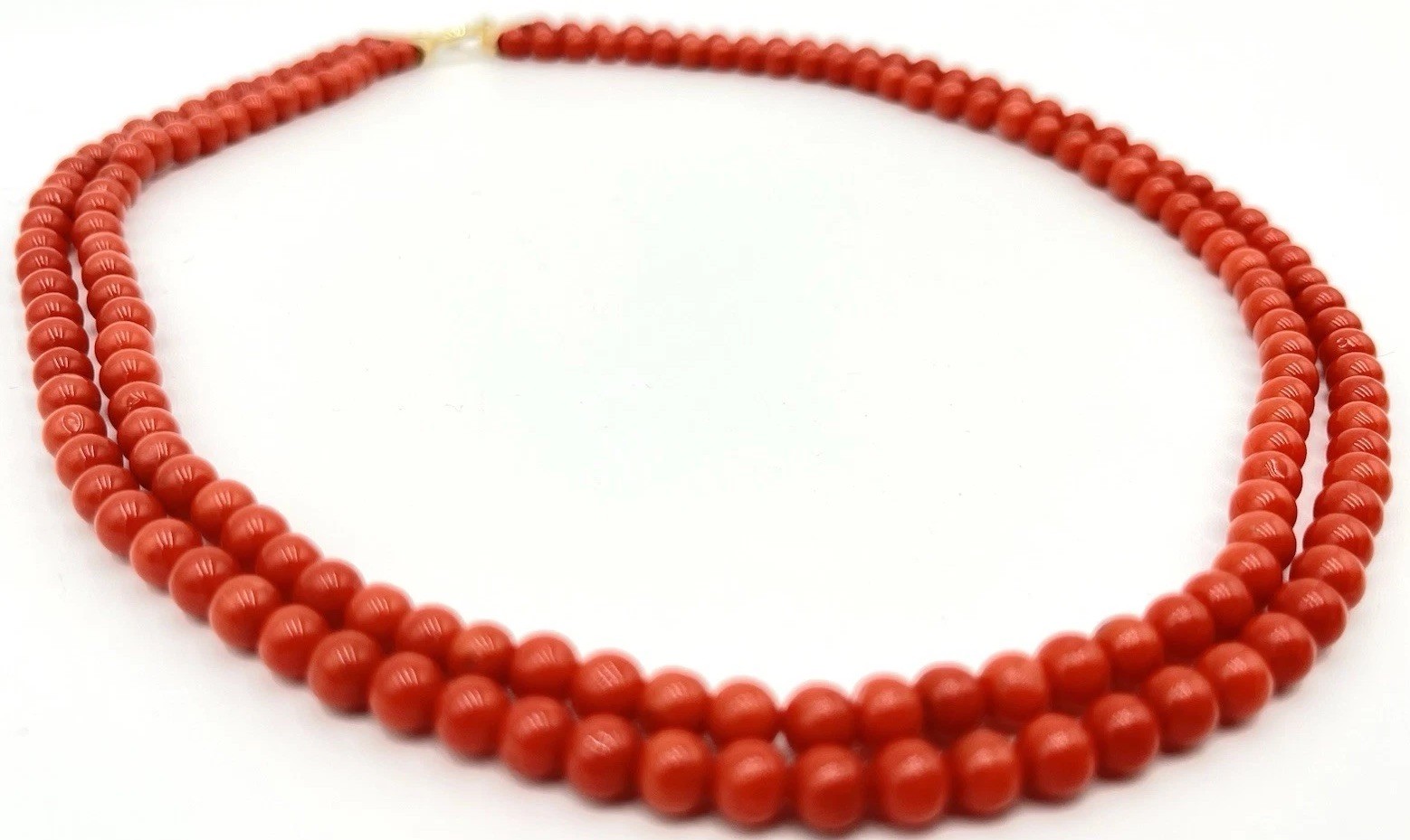 Mediterranean Red Coral Necklace 2 Strands 5mm 18kt Gold Handmade Made In Italy