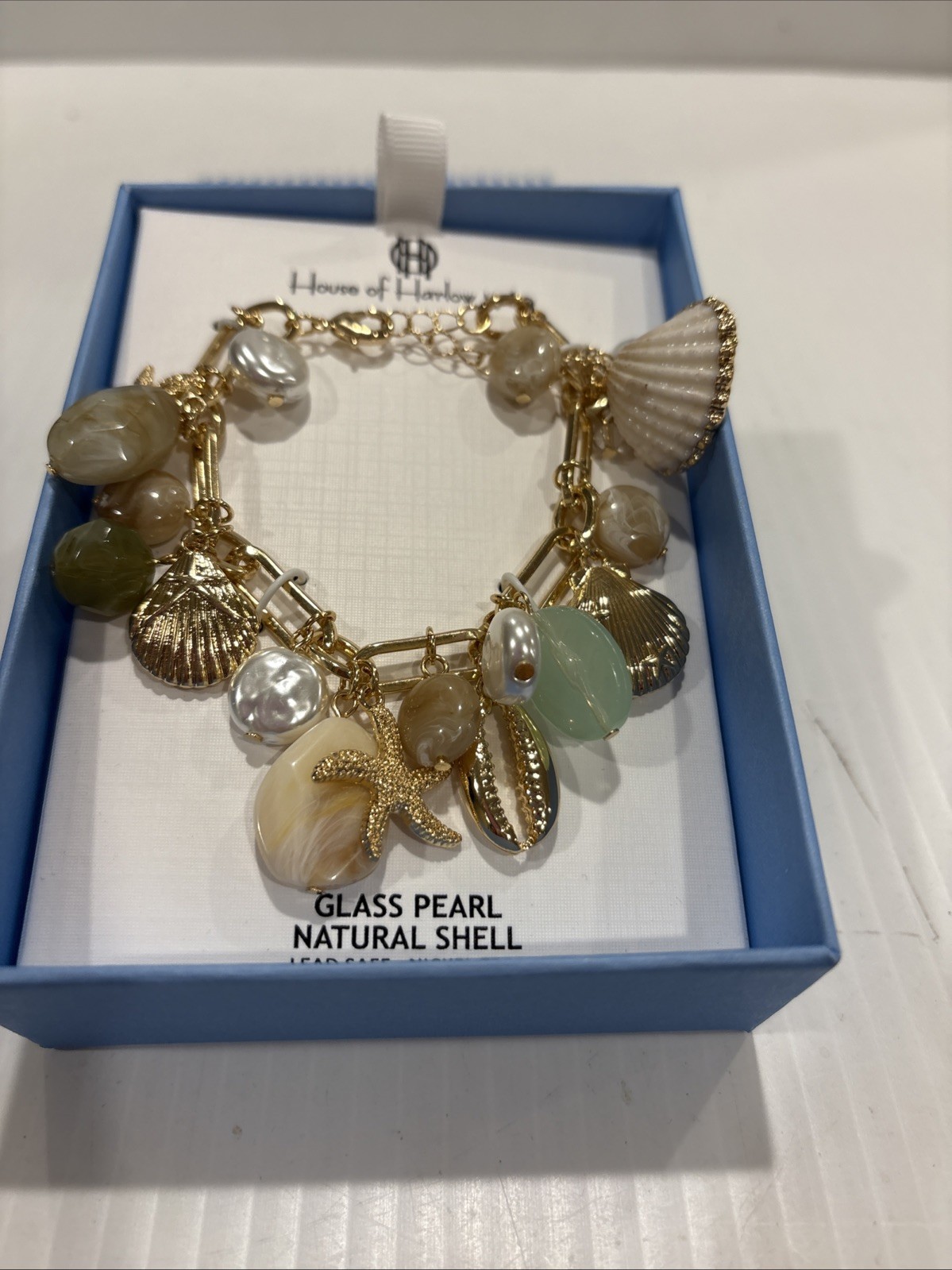 House of Harlow Glass Pearl and Natural Shell Beach Charm Bracelet NWT