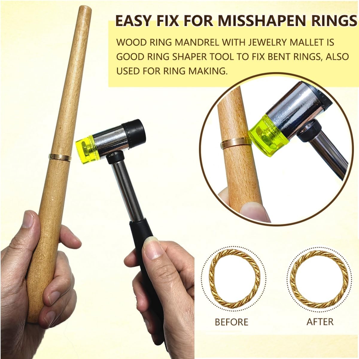 Metal Ring Sizer Tool Kit with Mandrel & Mallet – Jewelry Size Measurer & Reshap