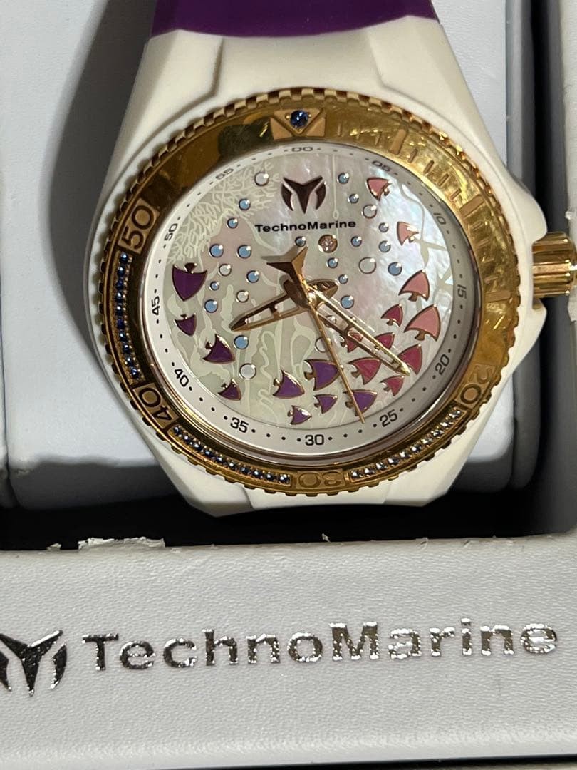 [B1M] TechnoMarine White Purple Dial Plastic Resin Strap Quartz Watch Used [w2w]