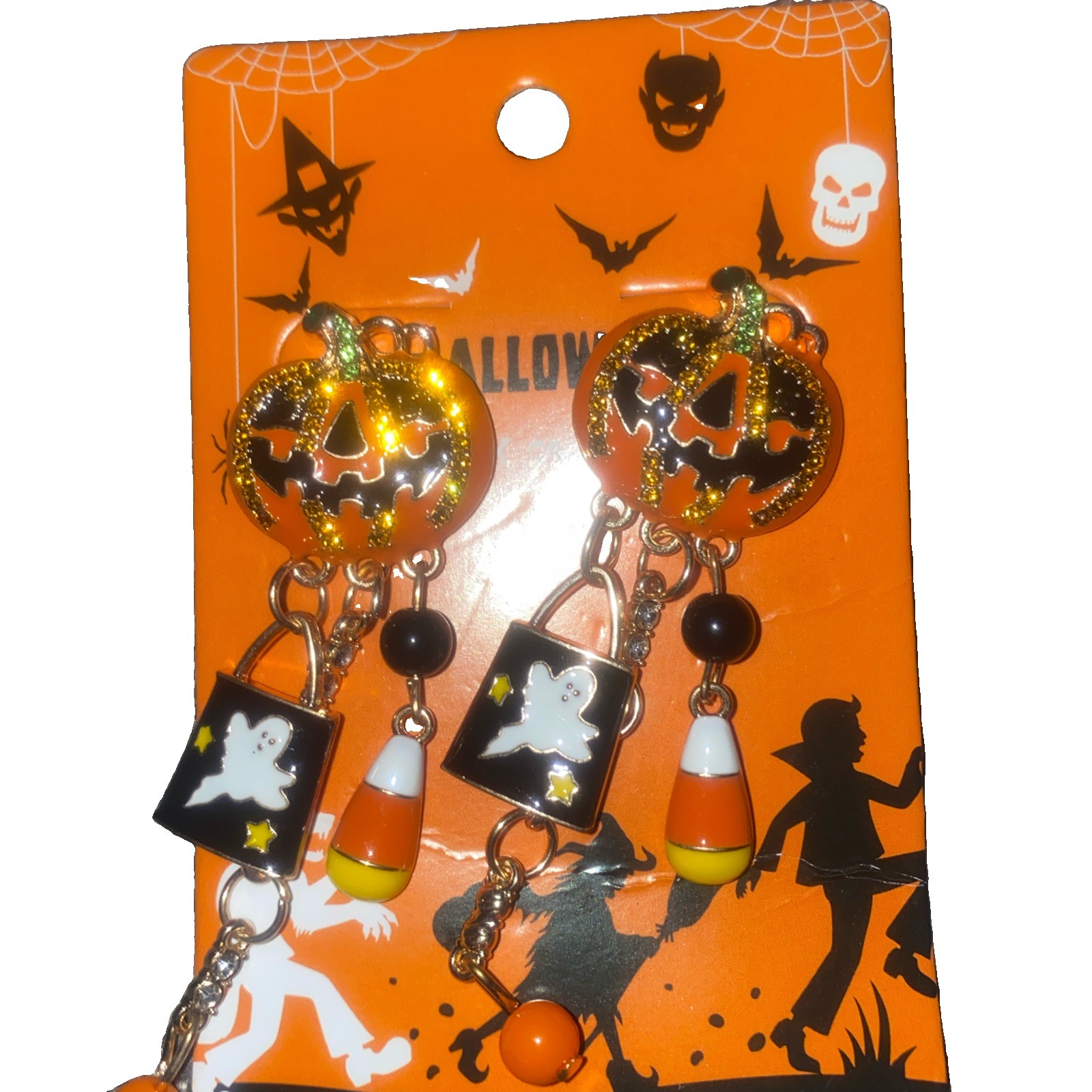 Halloween Smiling pumpkin drop Earrings Push Back With Dangling Ghost Charms