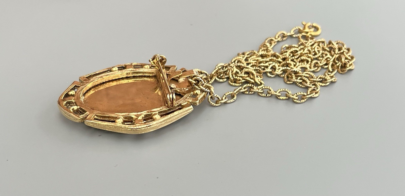VTG Hand Painted Porcelain Daisy Cameo Brooch Pendant Necklace Gold Tone Oval 2”
