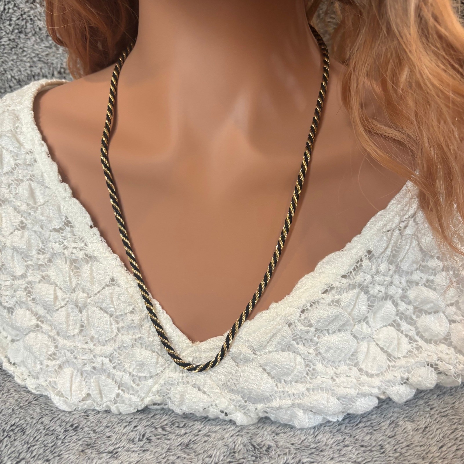 Vtg Trifari Rope Chain Necklace Black Gold Twisted Cord Old Money Preppy 21010