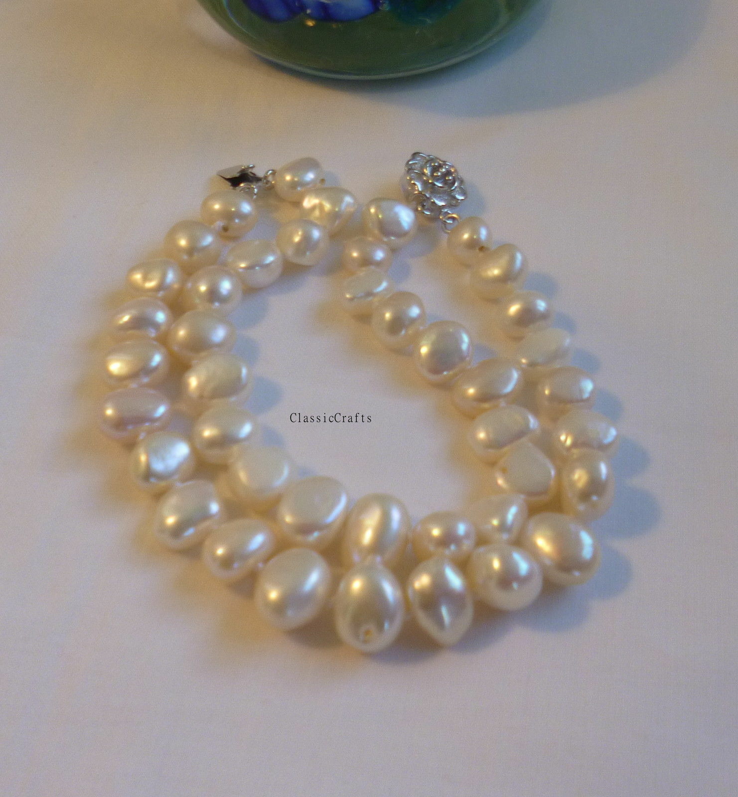 Silver Genuine 7-8mm Baroque freshwater pearls 2 rows bracelet L16, 18, 20,22cm