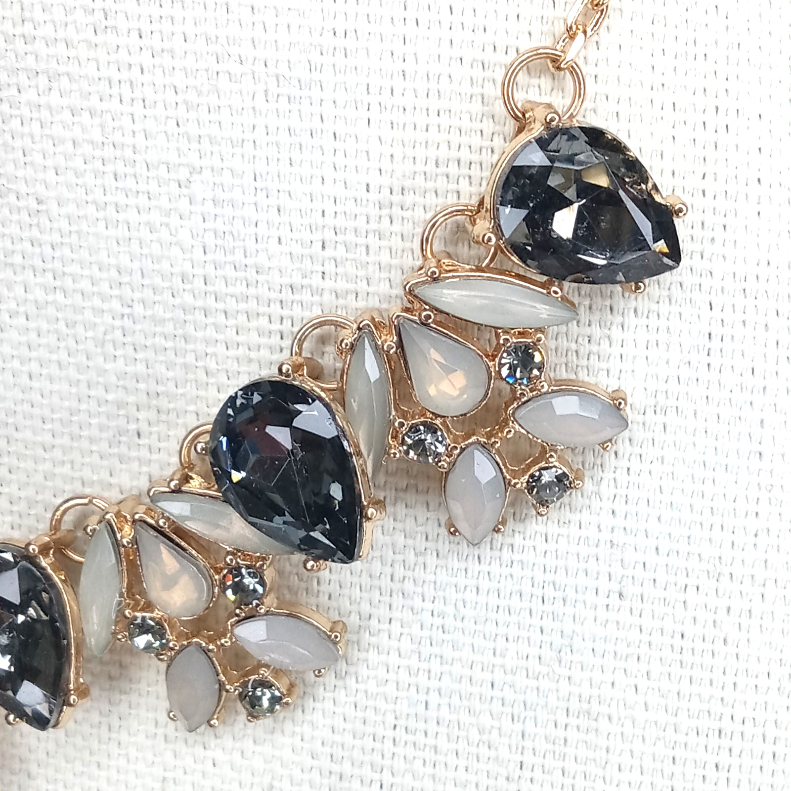 Statement Necklace Gold Tone Smoky Black& Clear Rhinetones Vintage-Inspired Glam