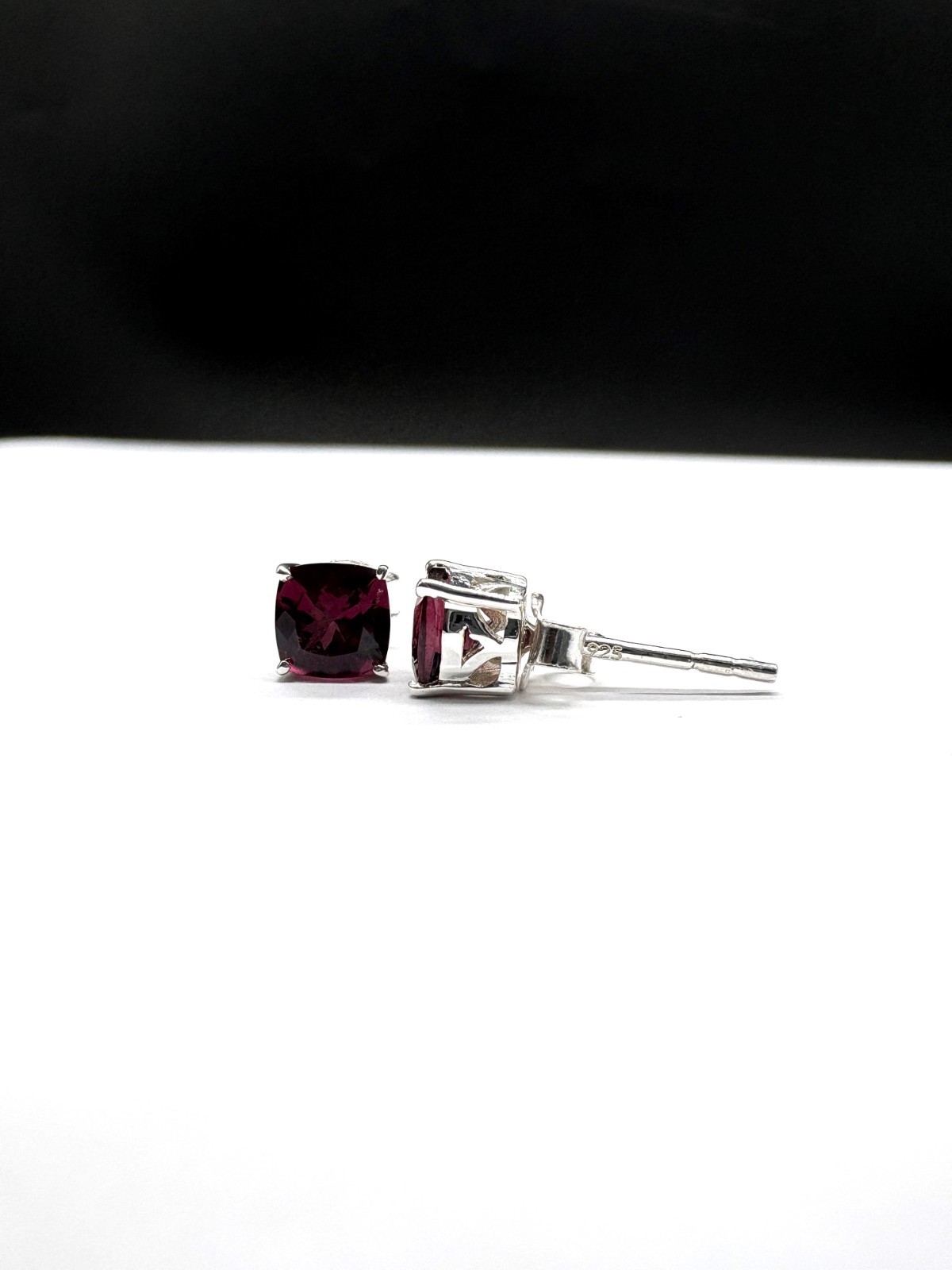 Pink Rhodolite Stud Earrings in Sterling Silver | 5.00mm Cushion Cut, 1.50 cts