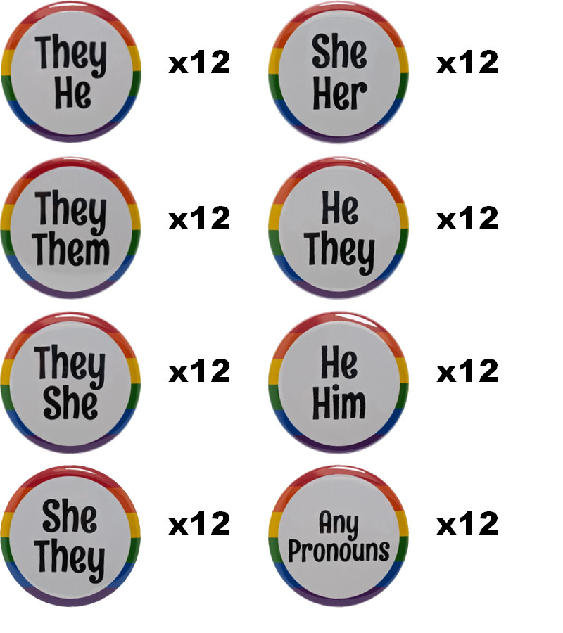 Pronoun Pins Variety Pack 1.25″ Buttons LGBTQ Pride – bulk pack of 96 pins