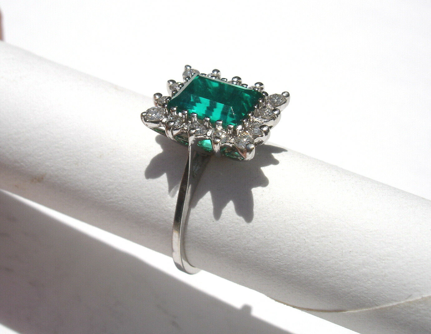 (1.51 Carat) EMERALD (.42 ctw) Diamond RING 14K white GOLD (Chatham lab created)