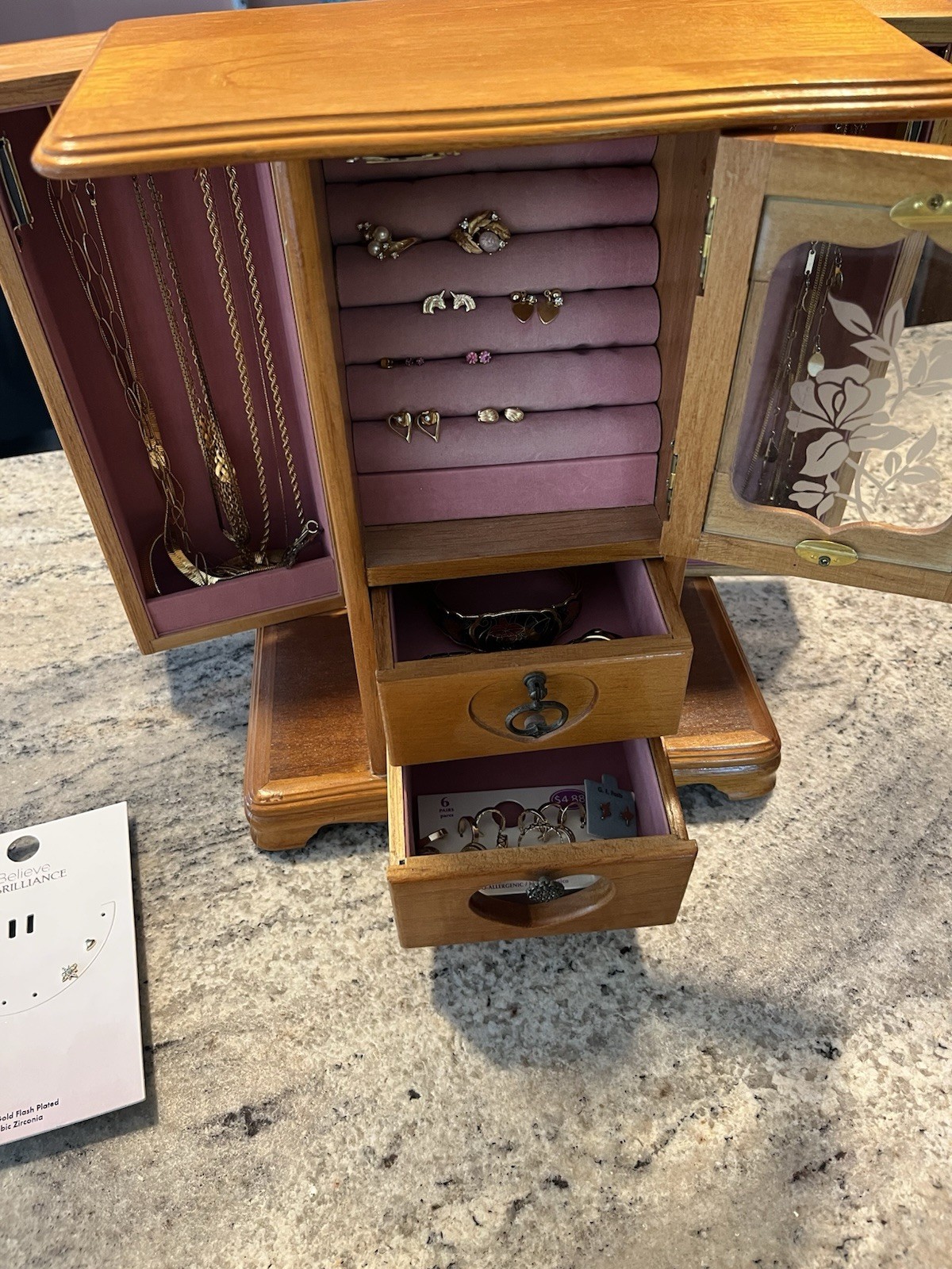 Vintage Wooden Table Top Armoire Style Jewelry Box & Gold Tone Jewelry Lot
