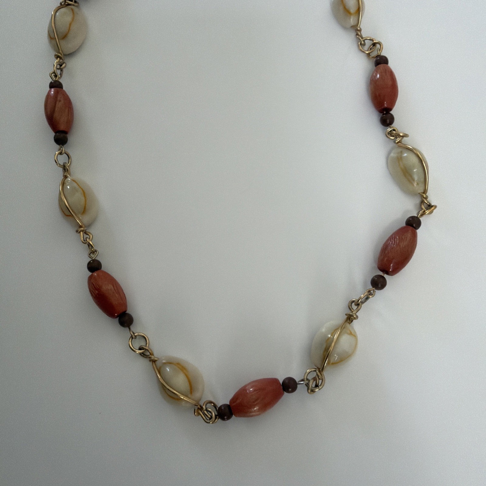 Vintage Cowrie Shell Wood Bead Long Necklace Coastal Beach Boho Resort Jewelry