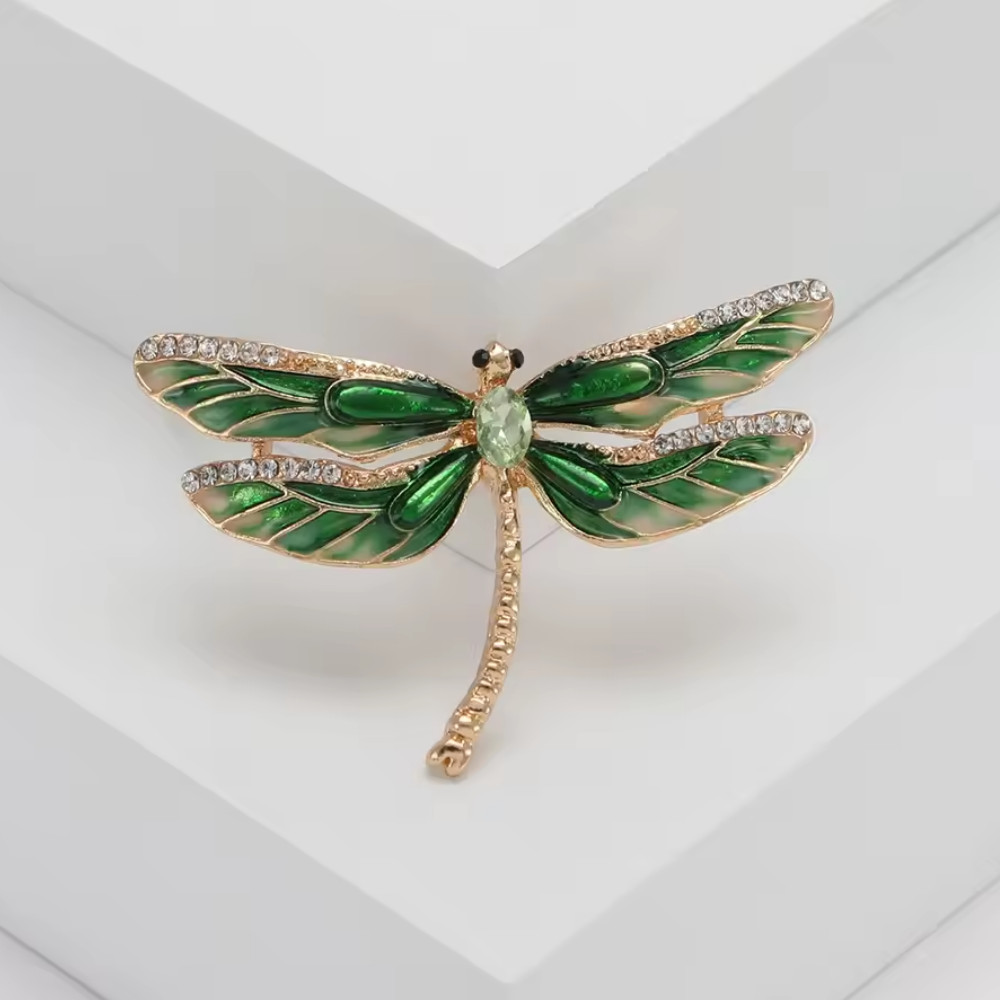 Retro Green Enamel Dragonfly Brooch Crystal Insect Pin Gold Nature Jewelry Gift