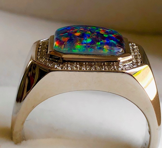 Heavy SS 10 SOLID Natural Australian Black Red Opal Men’s ring Signet SEE VIDEO