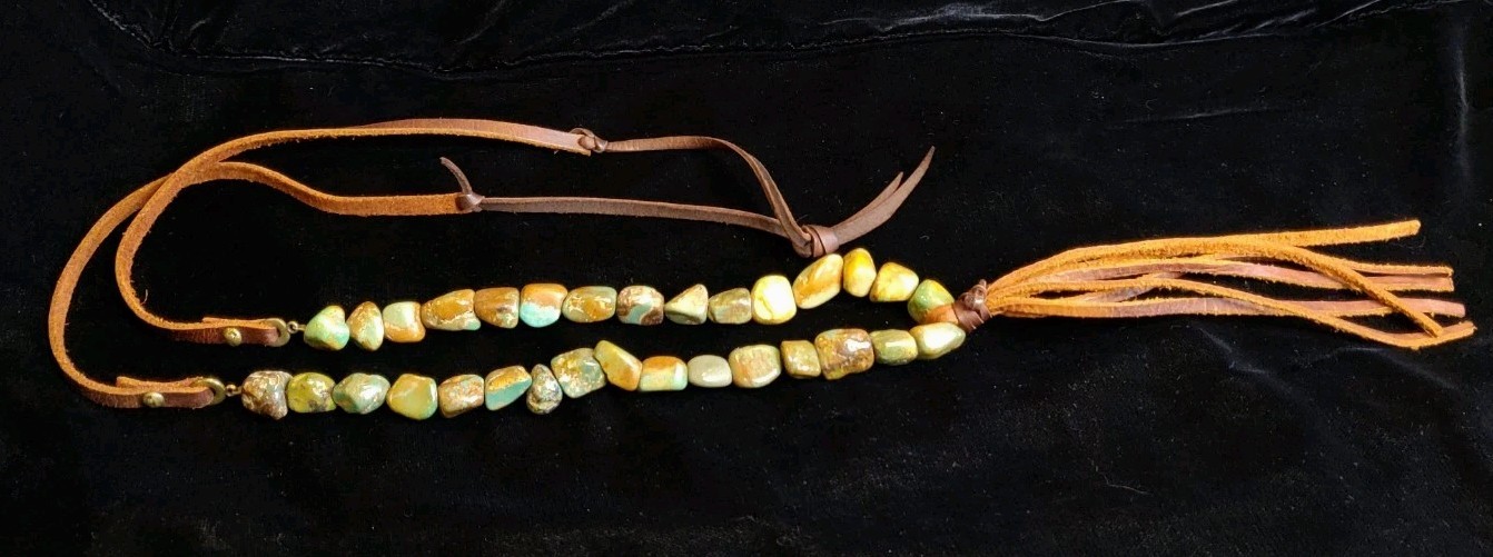 Stone Nugget Necklace Blue Green Brown Matrix Leather Tassel Rustic Boho Long