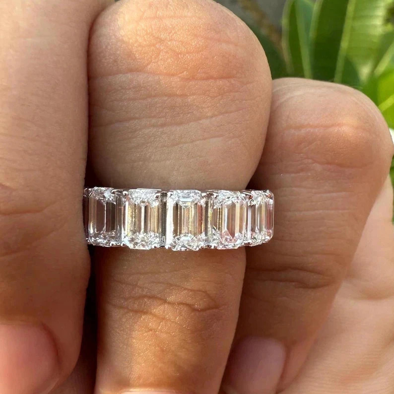 Fine Emerald Cut Lab Grown Diamond Eternity Band 8 Ct 14k White Gold VVS E F CVD