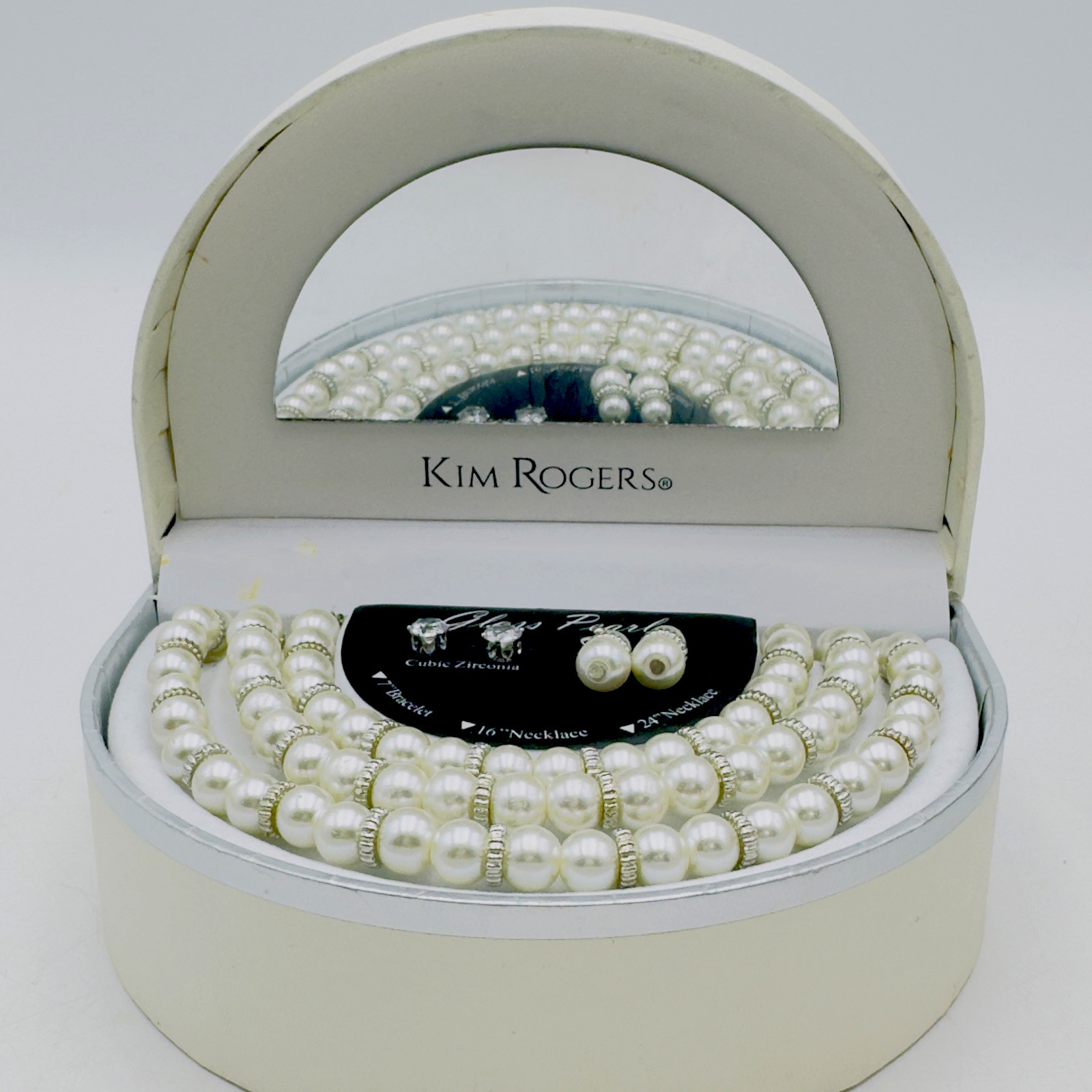 Kim Rogers Necklace Bracelet Earrings 5p Jewelry Set Cubic Zirconia Glass Pearls