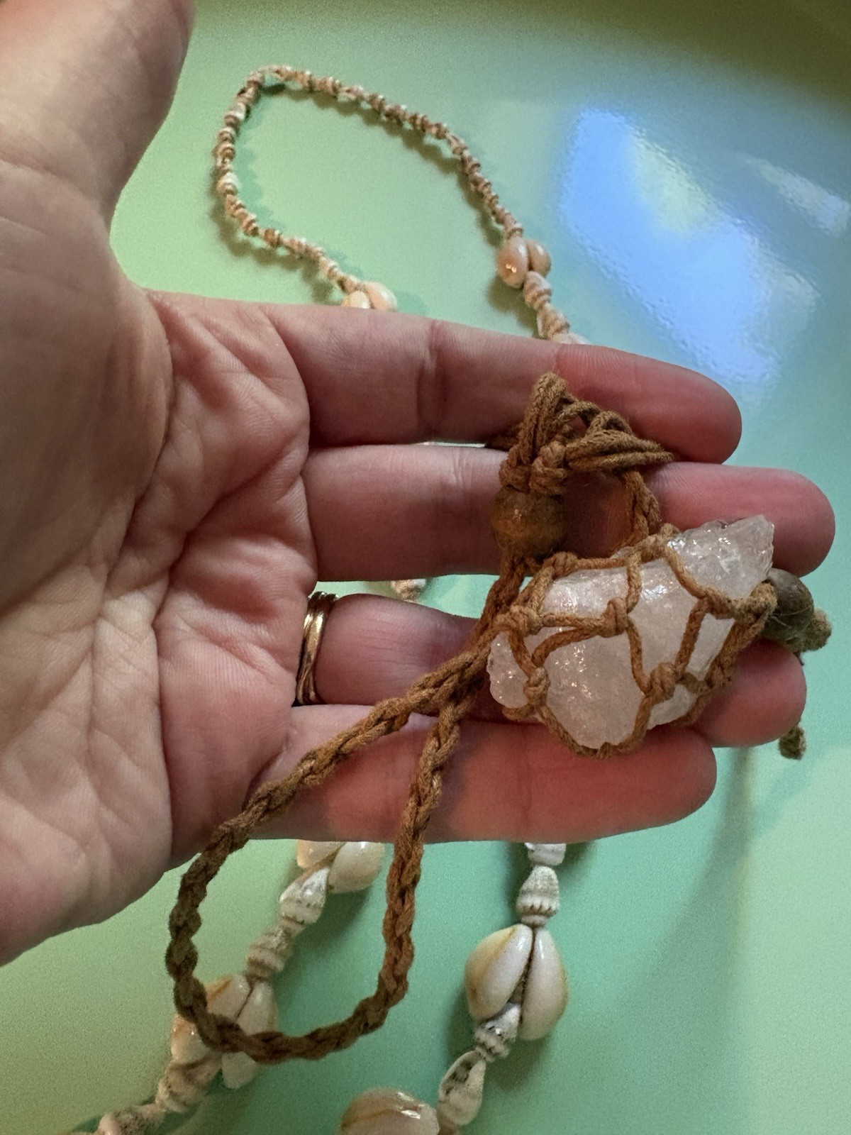 Vintage Shell And Macrame Quartz Necklace Set-boho-hippy-natural-earthy-crystal