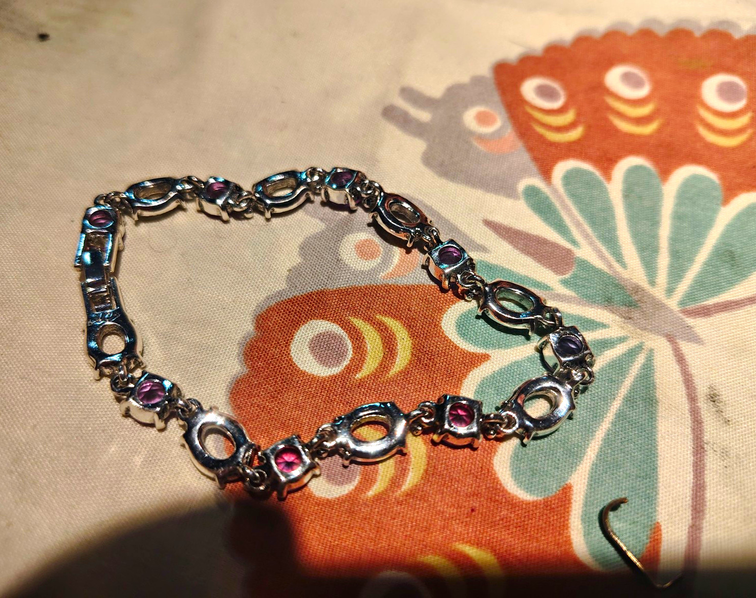 Silver Tone Link Tennis Bracelet Pink Round Rhinestones Prong Set Lobster