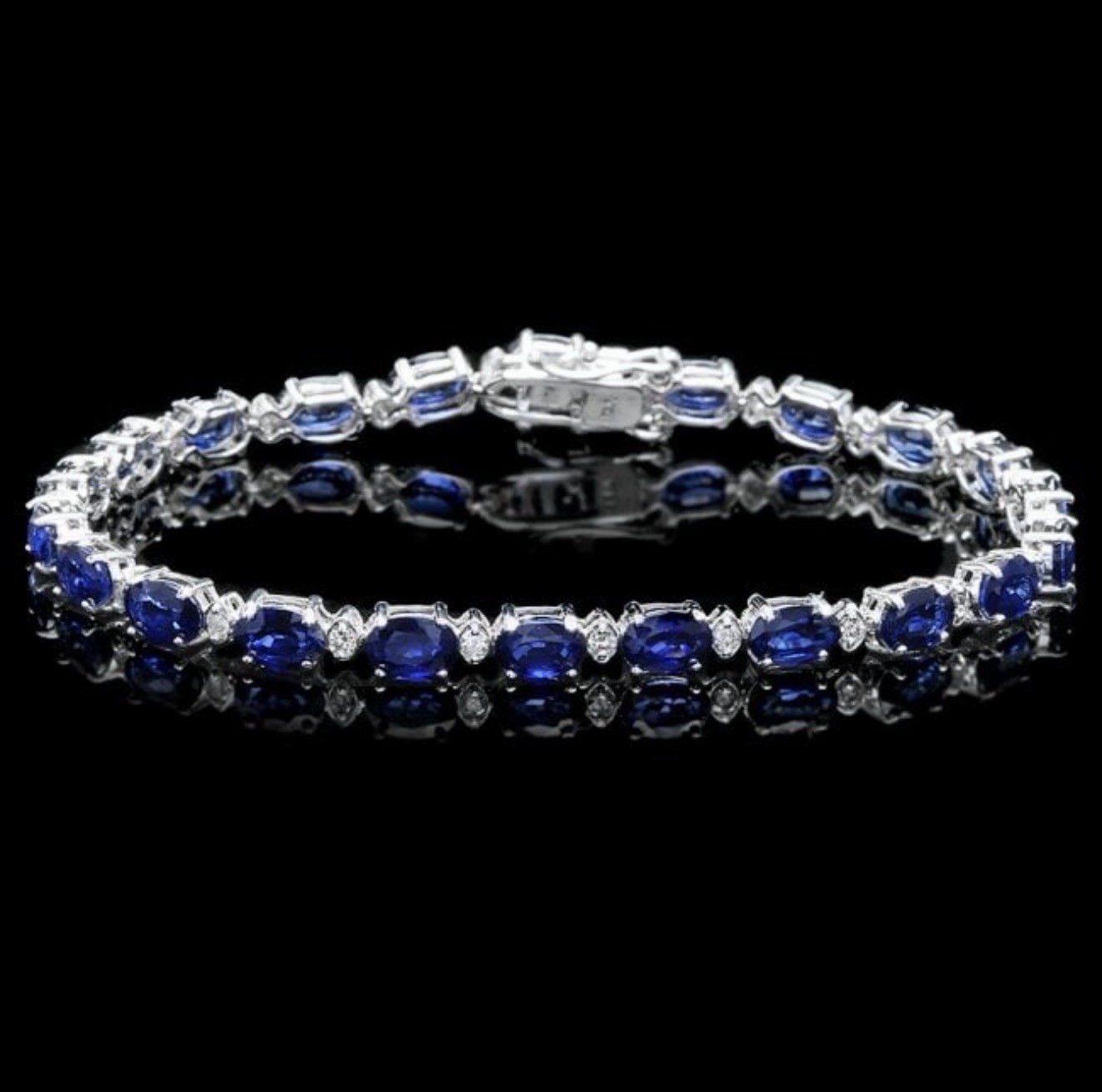 14K White Gold Blue Oval Sapphire & Diamond Tennis Bracelet Box Closure AIGL