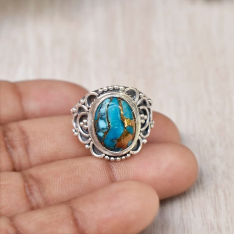 925 Sterling Silver Blue Copper Turquoise Oval shaped 100% GENUINE Ring