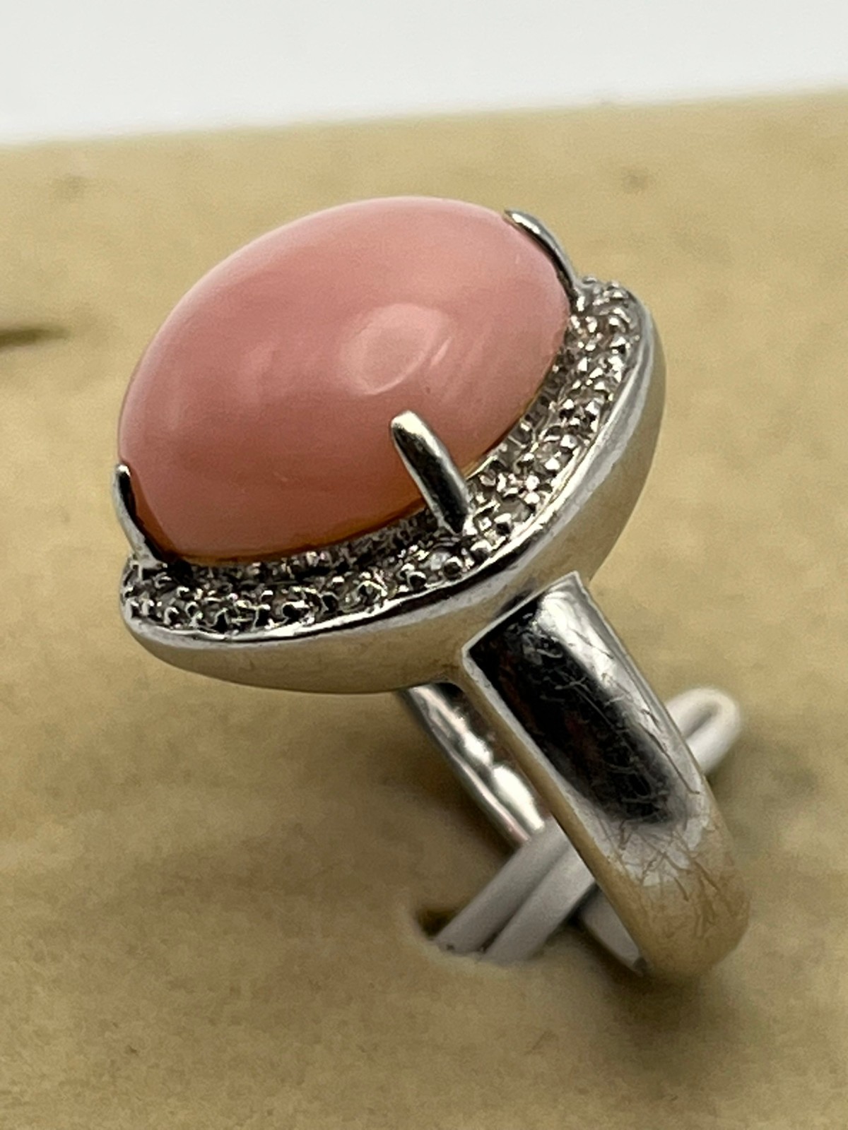 14K Solid White Gold Pink Coral Stone and Diamond Halo Ring Size 5.25