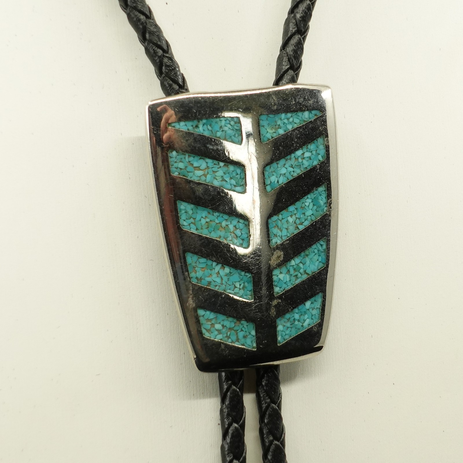 Bolo Tie | 70s Sterling Silver Chip Turquoise Mosaic Chevron Shield