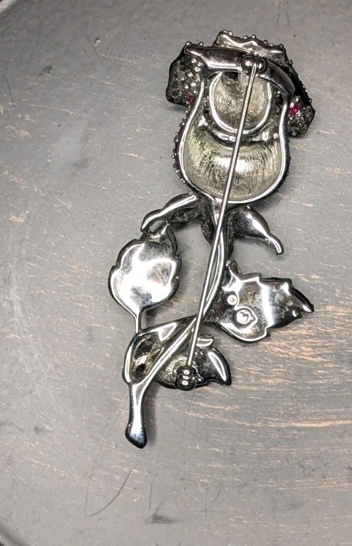 Retired Swarovski Rose Flower Pin Silver Tone Pink & Green Rhinestone Metal