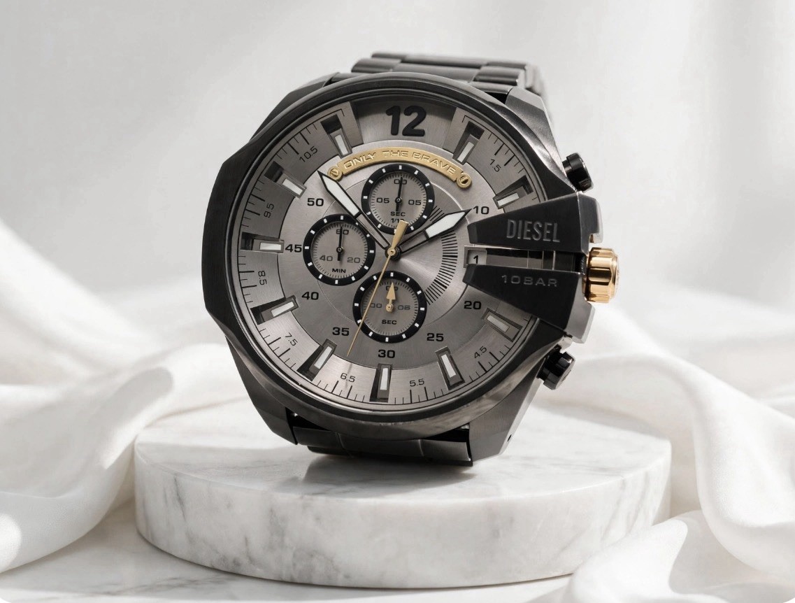 DIESEL DZ4479 MEGA CHIEF BLACK STAINLESS STEEL CHRONOGRAPH WATCH.