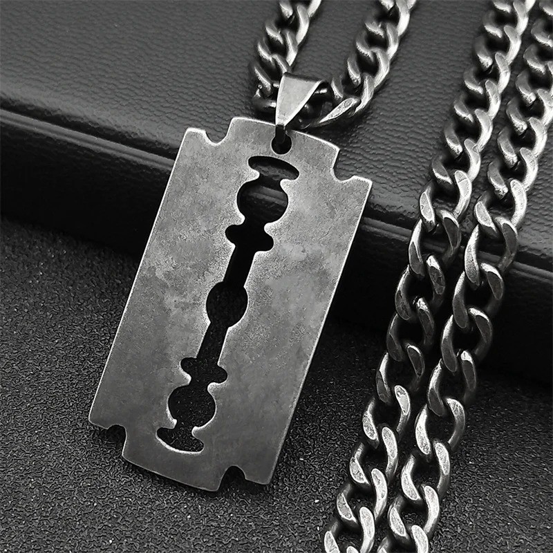 Blade Razor Necklace Pendant Stainless Steel Chain Men’s Box Men Silver 20 Cuban