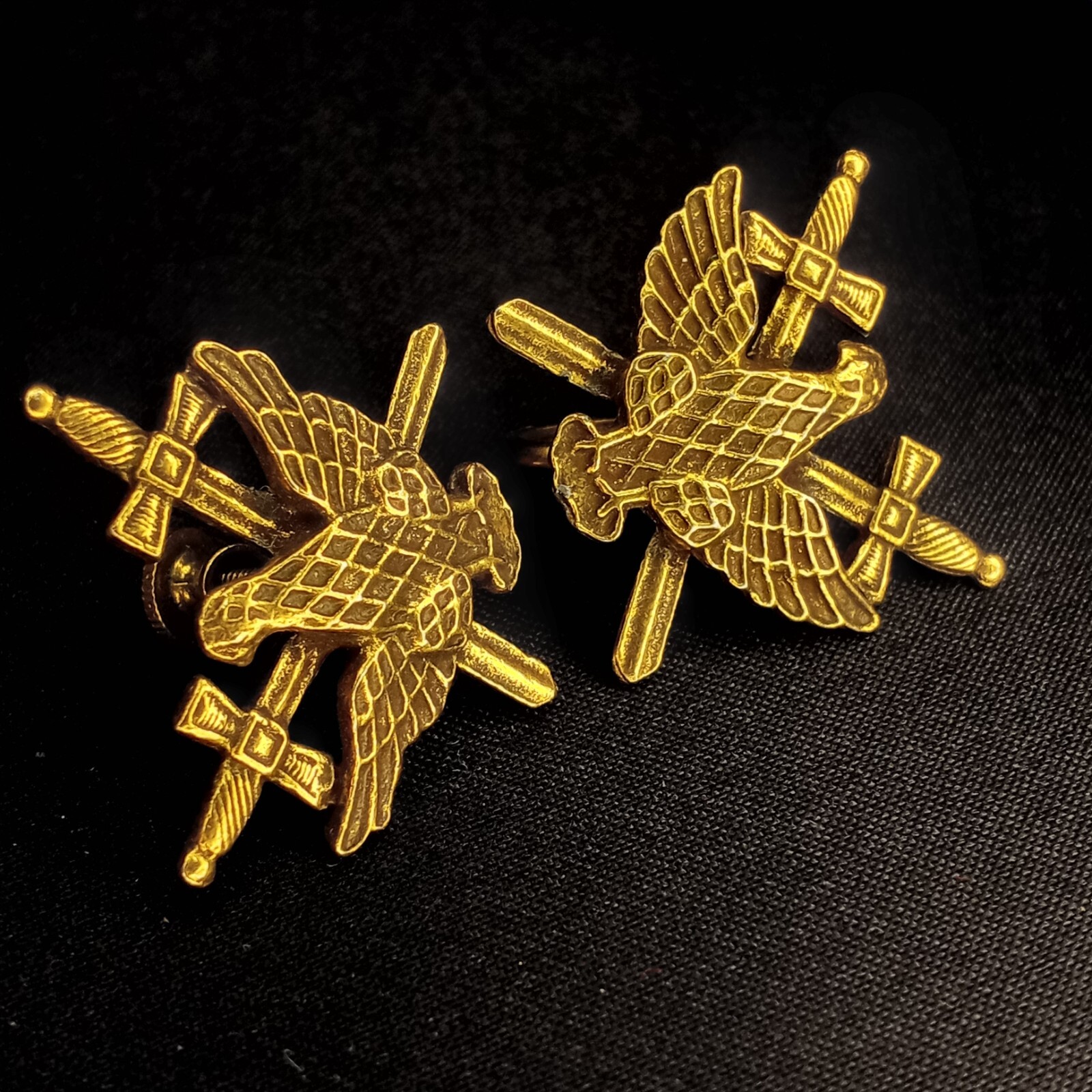 Large Vintage Earrings Sword Shield Crown Eagle Pin Military Style Gold Tone