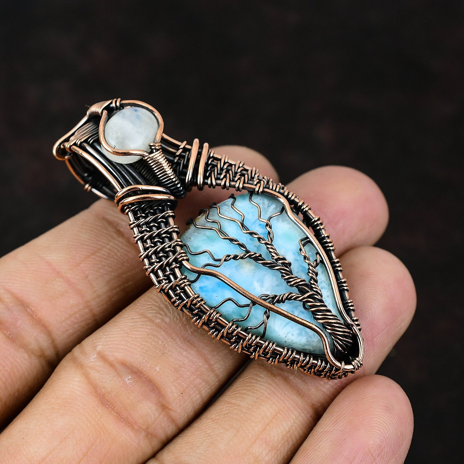 Larimar Jewelry Copper Friend Gift Wire Wrapped Tree Of Life Pendant 2.4″