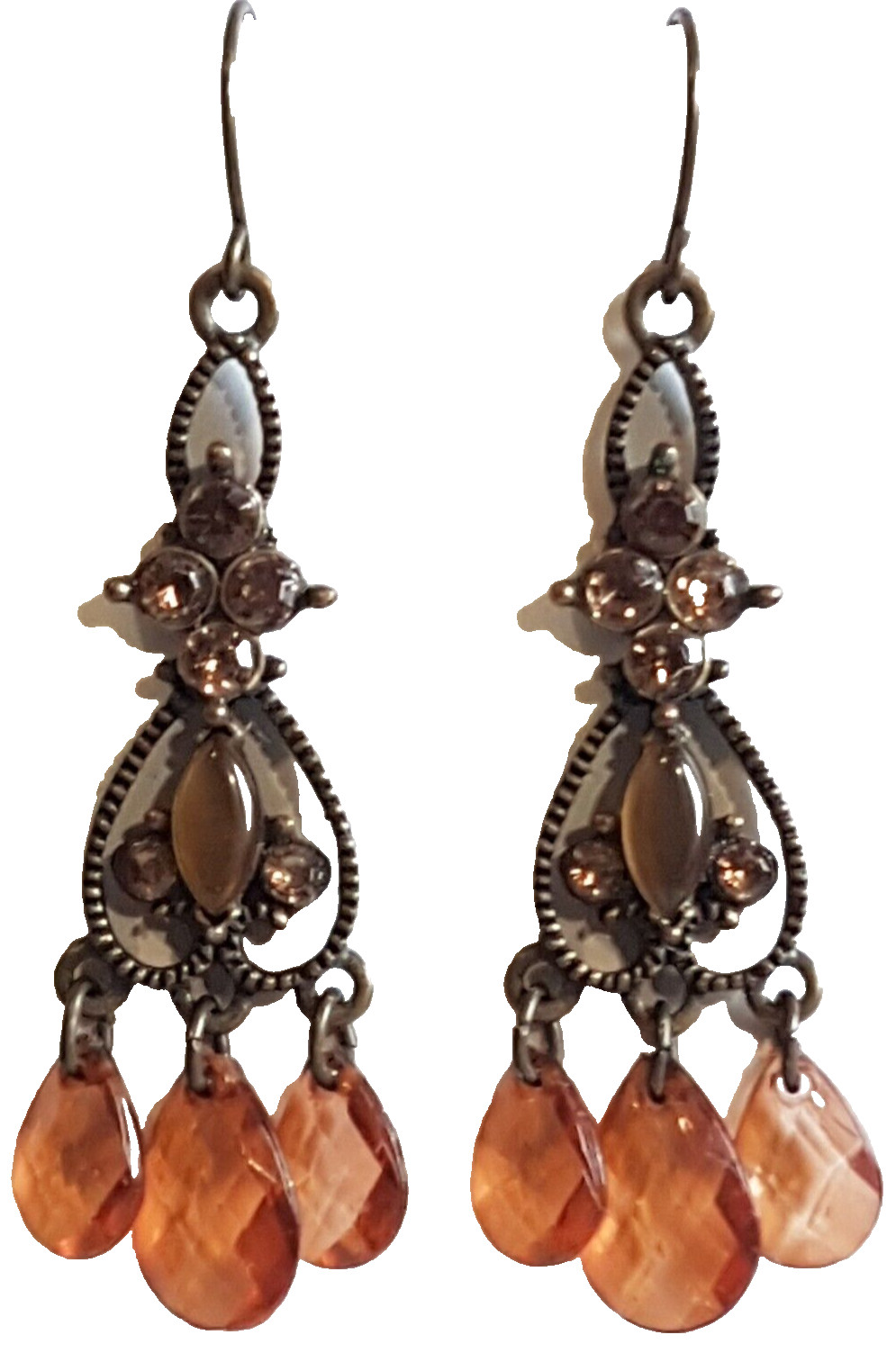 Vtg Amber Stone/Glass/ Faux Tiger’s Eye Chandelier Hook Costume Fashion Earrings