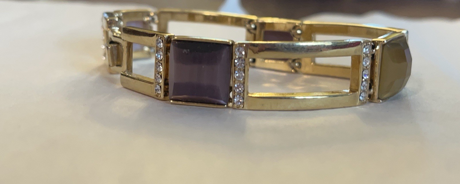 Gold Tone Bracelet Purple Brown Faceted Stones Rhinestone Accents