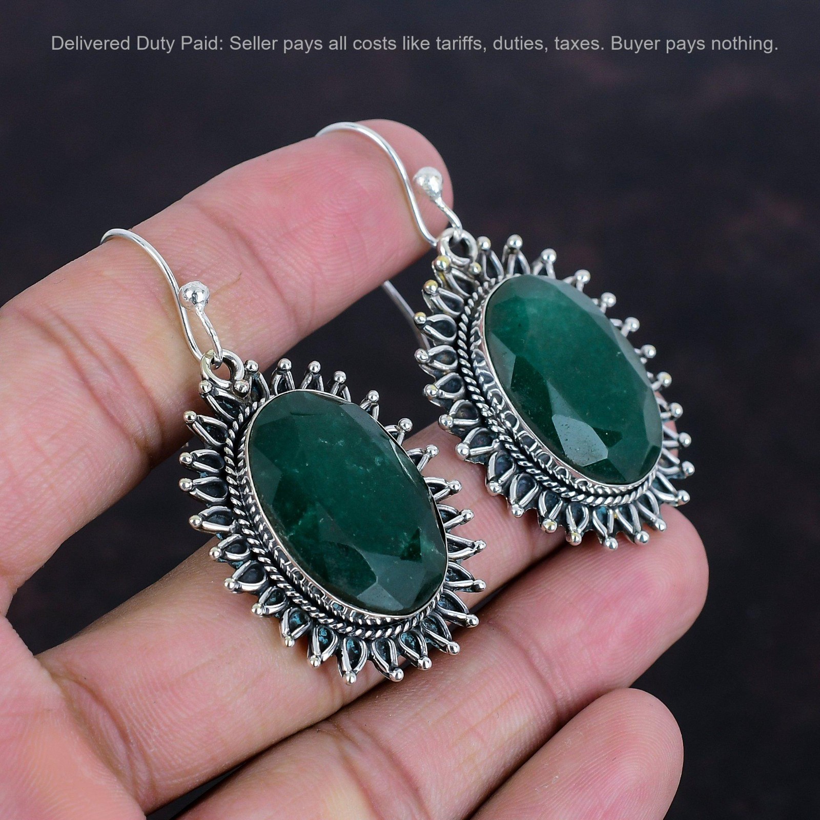 Zambian Emrald Stone Sterling Silver New Anniversary Dangle Earrings Jewelry