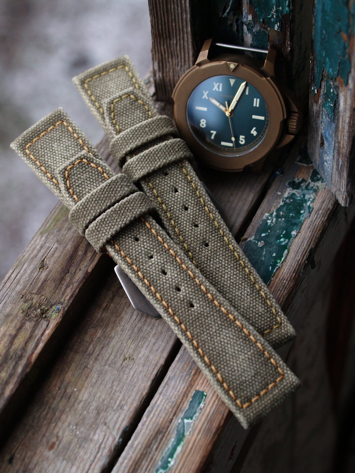 26 mm rugged handcrafted canvas watch strap Olive Green *Ready-Made *US-DutyPaid