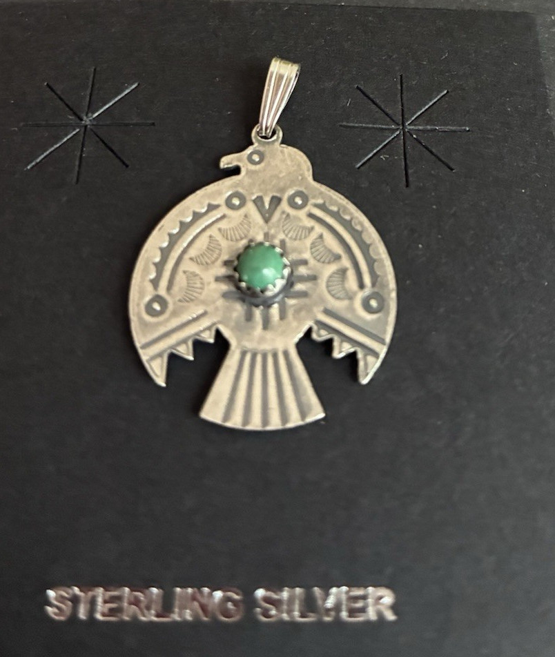 Navajo Sterling Silver Turquoise Stamped Thunderbird Pendant