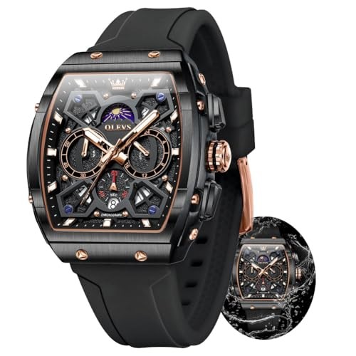 Watches Men Chronograph Waterproof Rectangle Face Moon Phase 2942 ALL Black